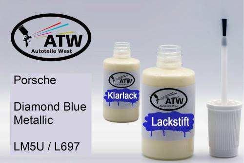 Porsche, Diamond Blue Metallic, LM5U / L697: 20ml Lackstift + 20ml Klarlack - Set, von ATW Autoteile West.